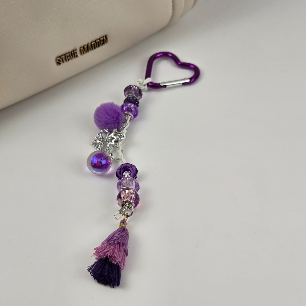 Purple Beaded Bag Charm Heart Carabiner Tassel Pom Pom Crown Keychain Handmde